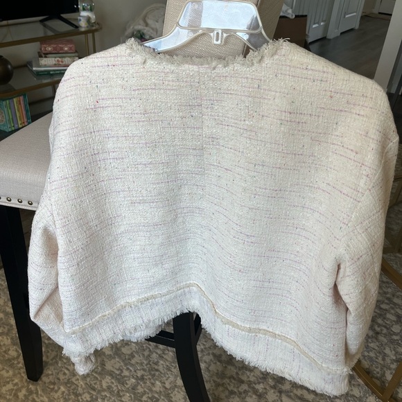 NWT Express Fringe Tweed Novelty Button Cropped Jacket Blazer, Beige / Pink, XL - Picture 8 of 9